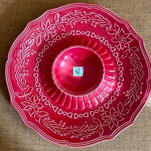 Vintage Bordallo Pinheiro Poinsettia Red Christmas Chip and Dip